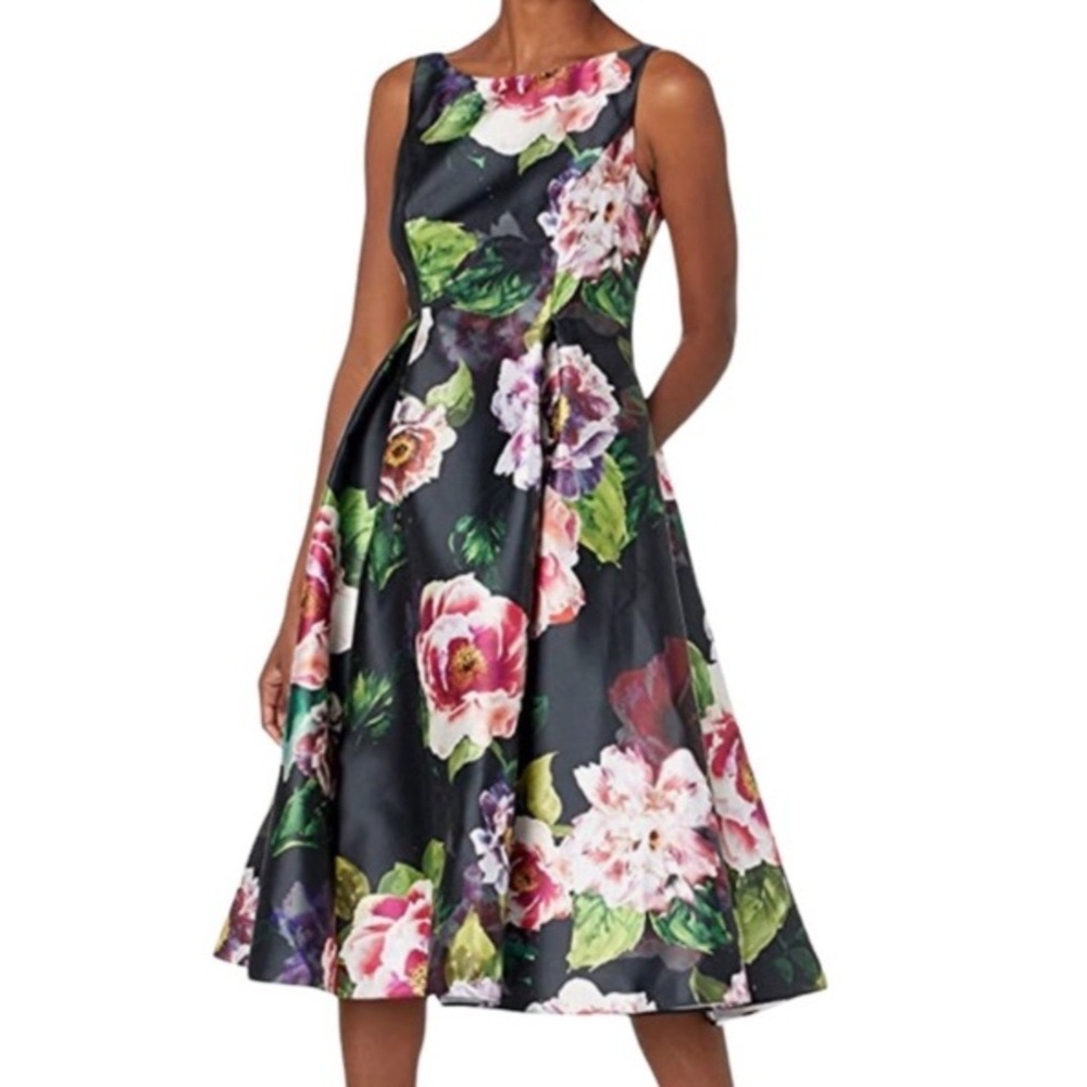 ADRIANNA PAPELL Floral Print Mikado Dress w POCKETS NEW CONDITION